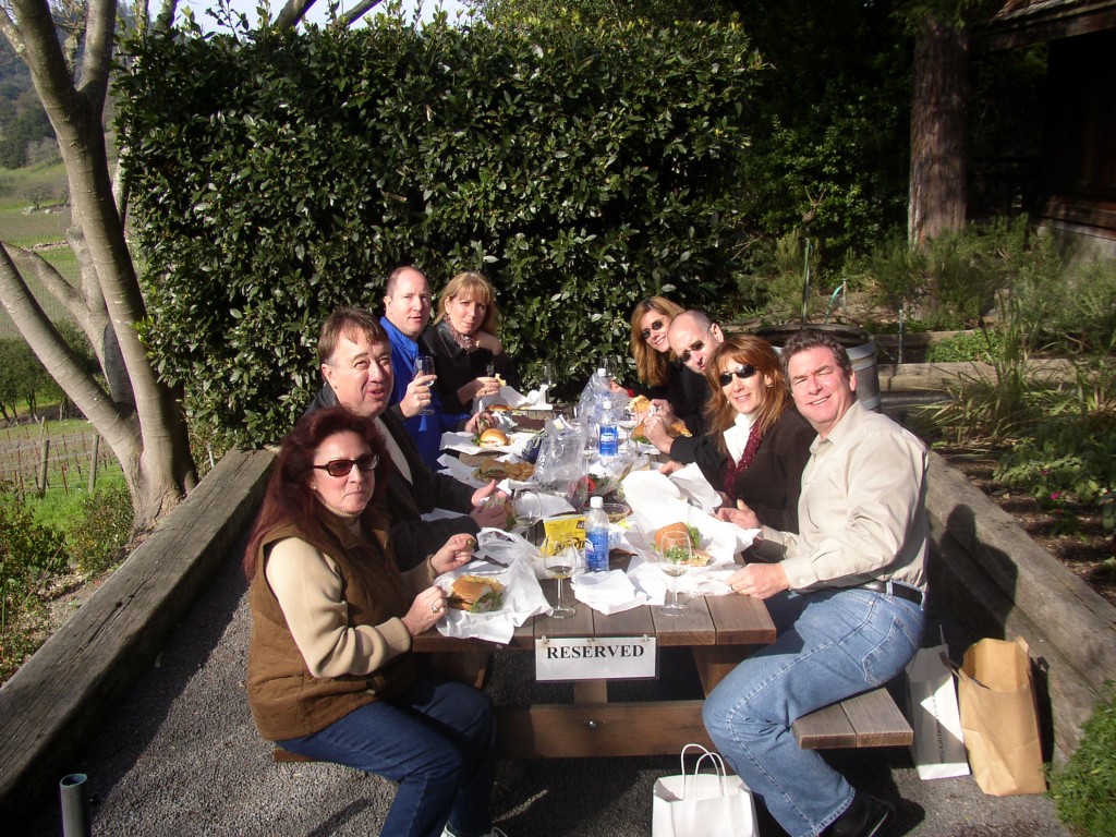 Old group shot - picnic at Joseph Phelps. (Eve is at left, rear.)
